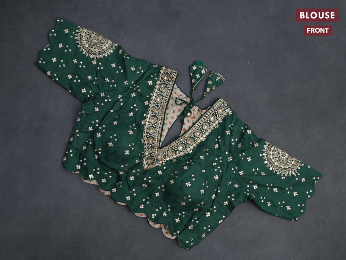 Satin crepe silk saree green with plain body and zari butta border & rich zari pallu - Image 3