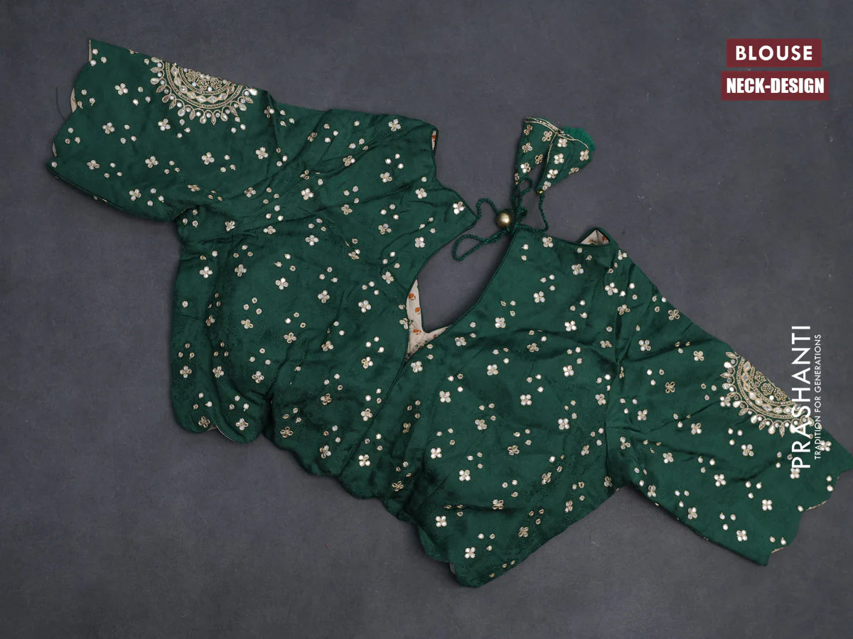 Satin crepe silk saree green with plain body and zari butta border & rich zari pallu - Image 4