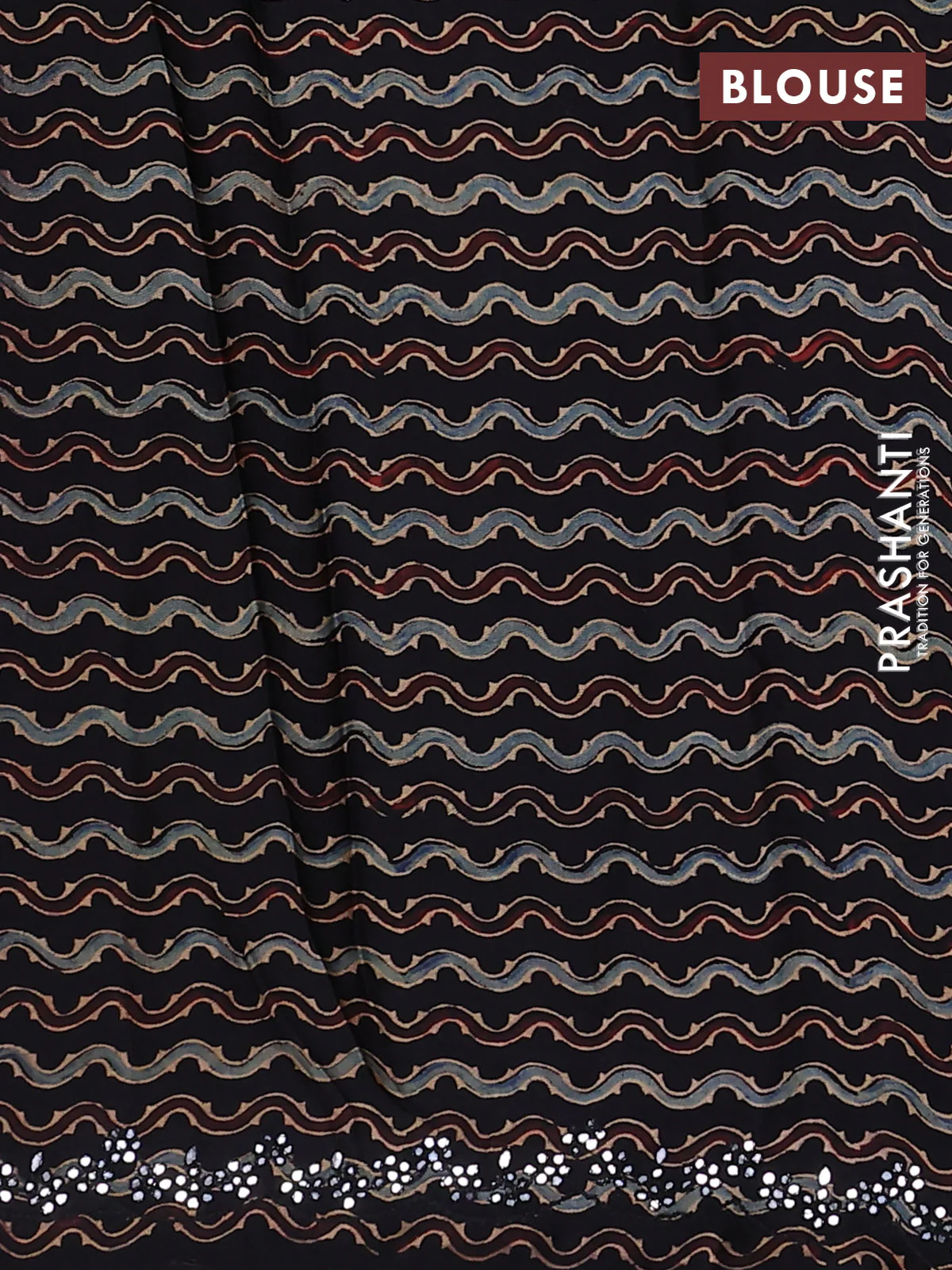 Satin crepe silk saree grey and black with allover mirror work and ajrakh printed blouse - Image 3