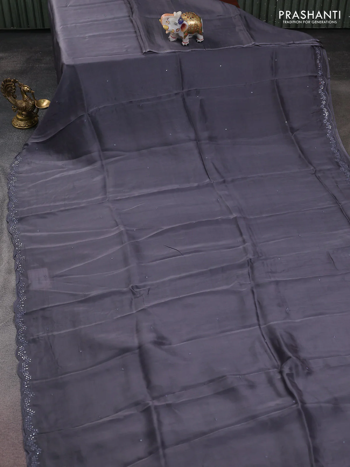 Satin crepe silk saree grey and black with allover mirror work and ajrakh printed blouse - Image 2