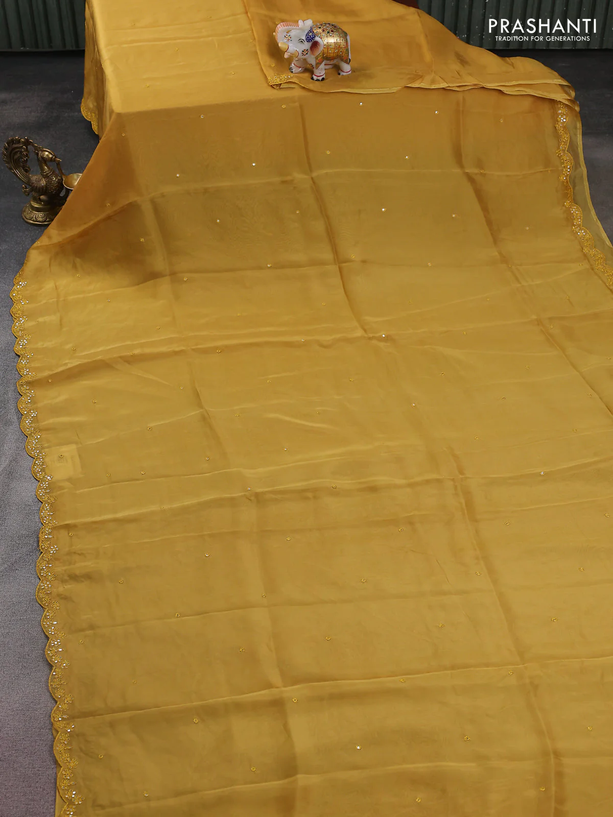 Satin crepe silk saree mustard yellow and green with allover mirror work and ajrakh printed blouse - Image 2