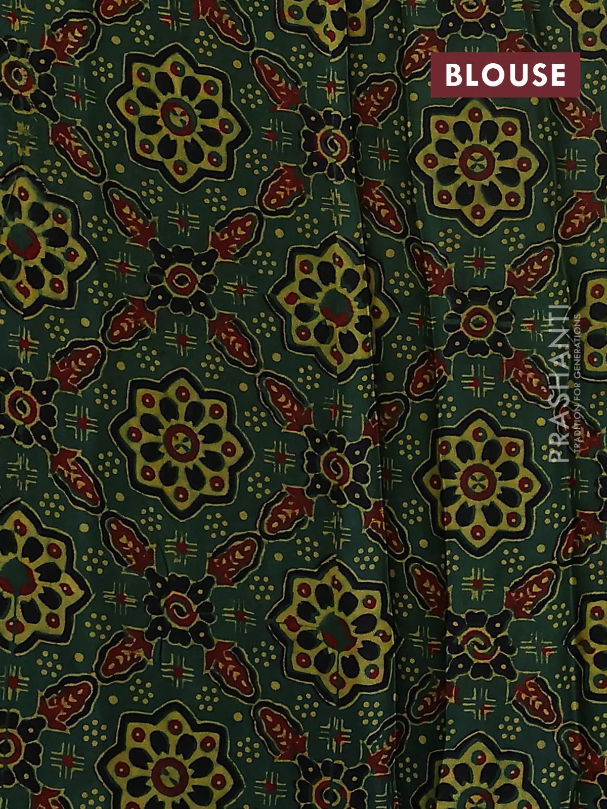 Satin crepe silk saree mustard yellow and green with allover mirror work and ajrakh printed blouse - Image 3