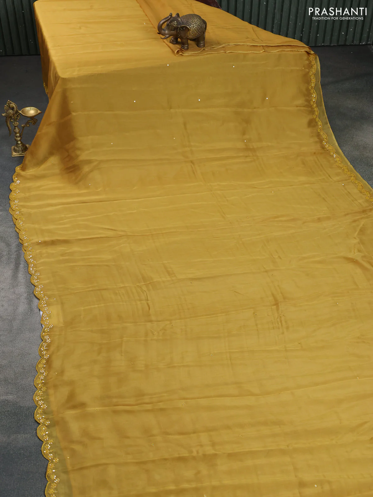 Satin crepe silk saree mustard yellow and green with mirror work and ajrakh printed blouse - Image 2