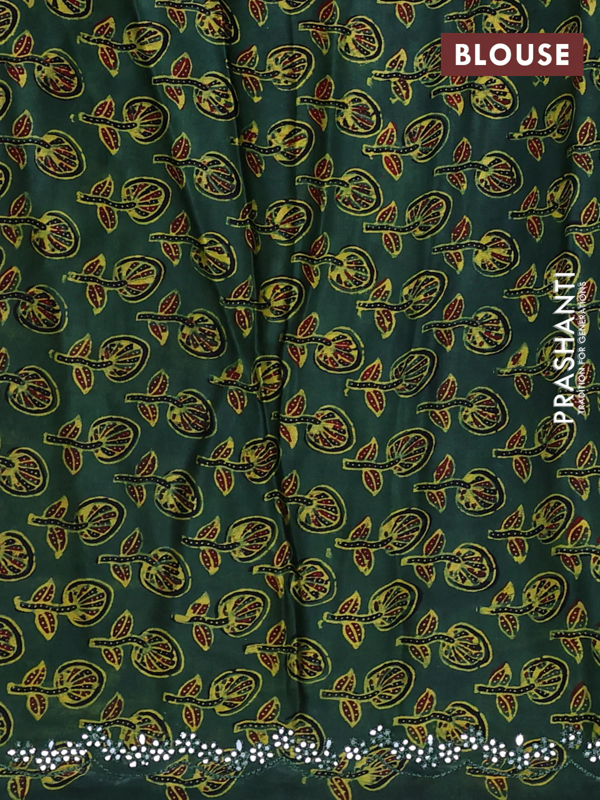 Satin crepe silk saree mustard yellow and green with mirror work and ajrakh printed blouse - Image 3