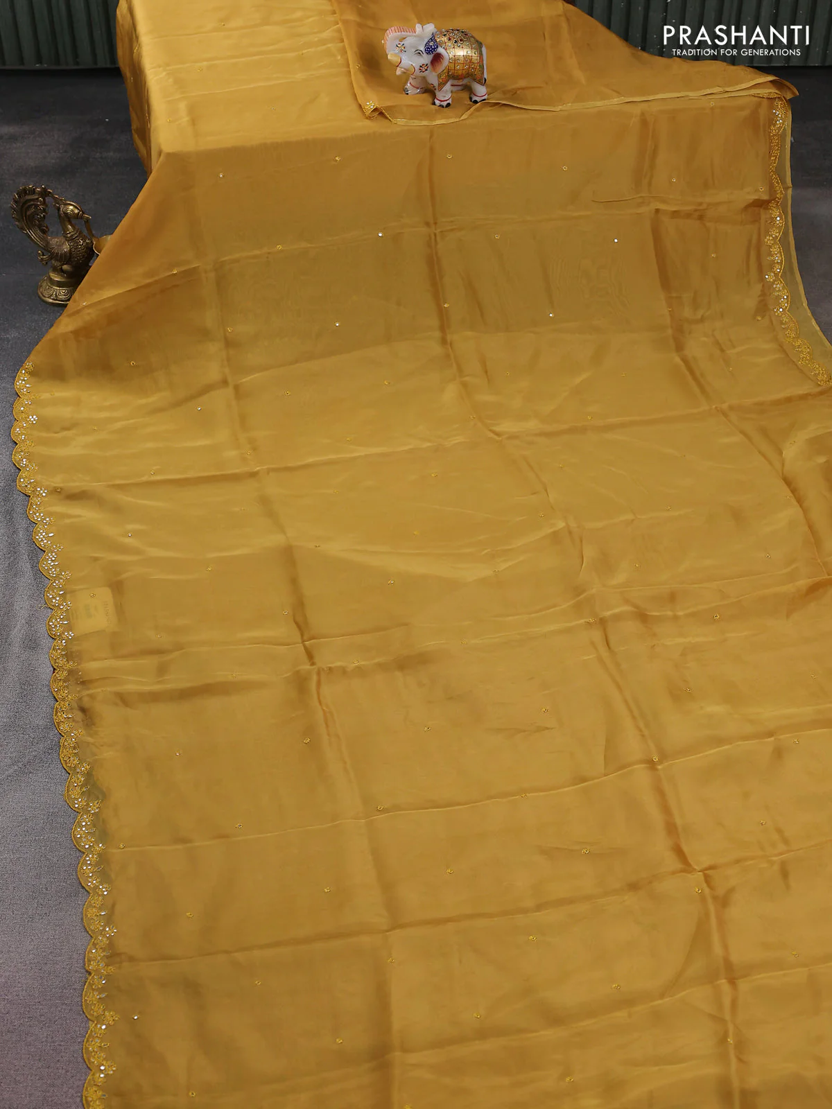 Satin crepe silk saree mustard yellow and maroon with allover mirror work and ajrakh printed blouse - Image 2