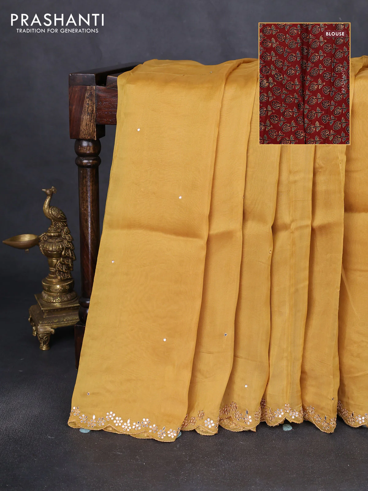 Satin crepe silk saree mustard yellow and maroon with allover mirror work and ajrakh printed blouse