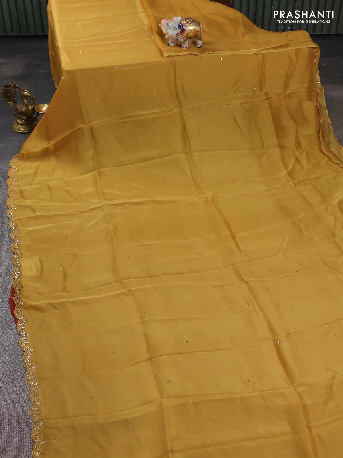 Satin crepe silk saree mustard yellow and maroon with allover mirror work and ajrakh printed blouse - Image 2