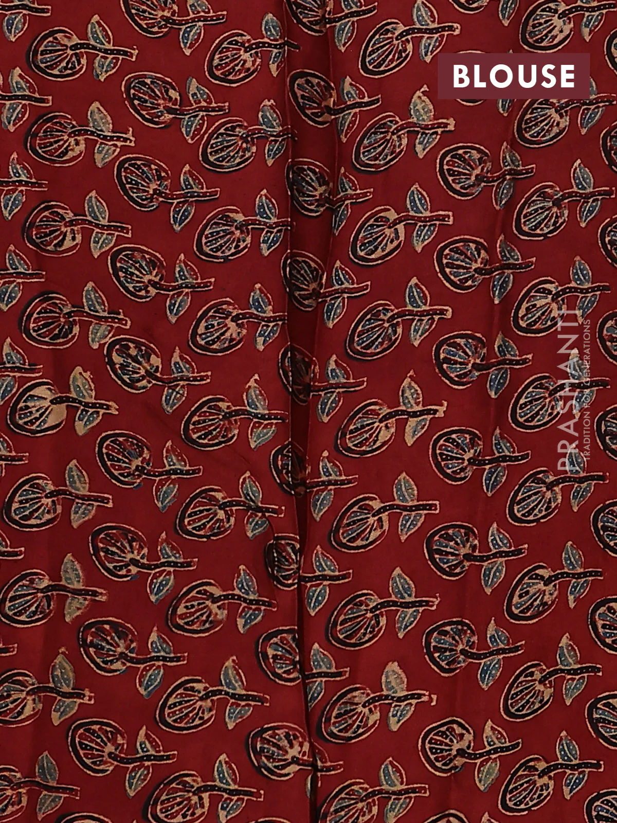 Satin crepe silk saree mustard yellow and maroon with allover mirror work and ajrakh printed blouse - Image 3
