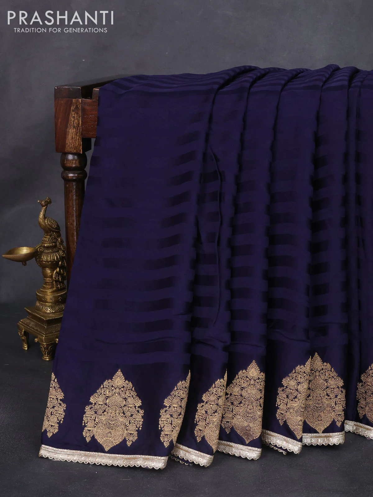 Satin crepe silk saree navy blue with allover stripe pattern & mirror work pallu - Image 2