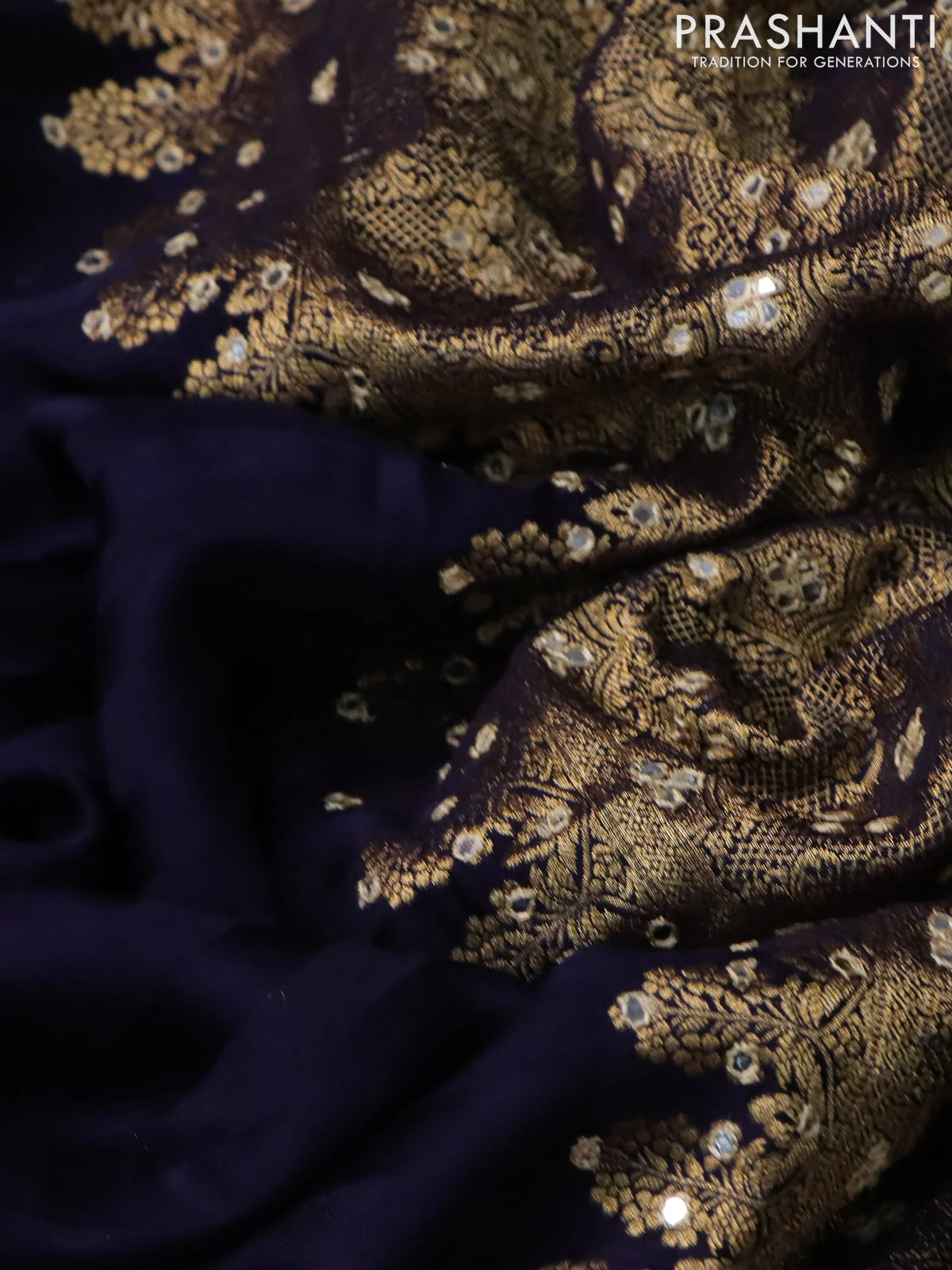 Satin crepe silk saree navy blue with allover stripe pattern & mirror work pallu - Image 3