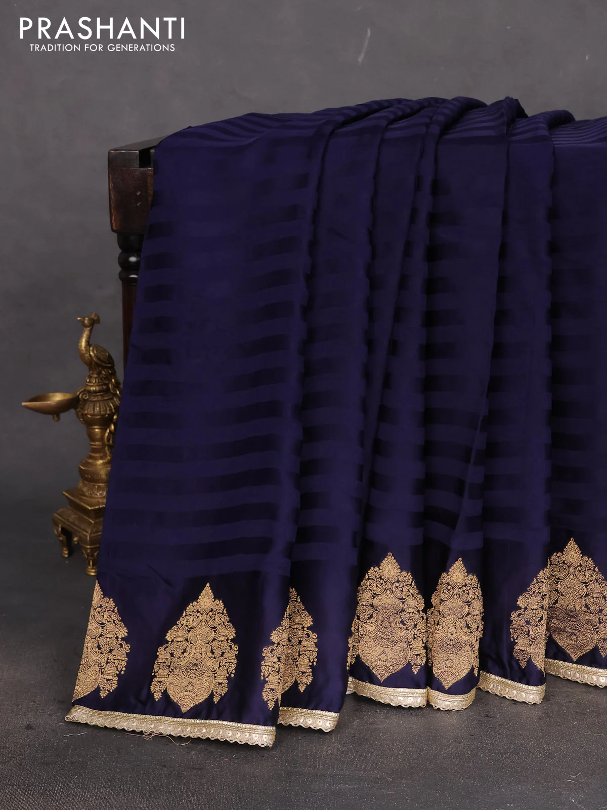 Satin crepe silk saree navy blue with plain body and zari butta border & rich zari pallu - Image 2
