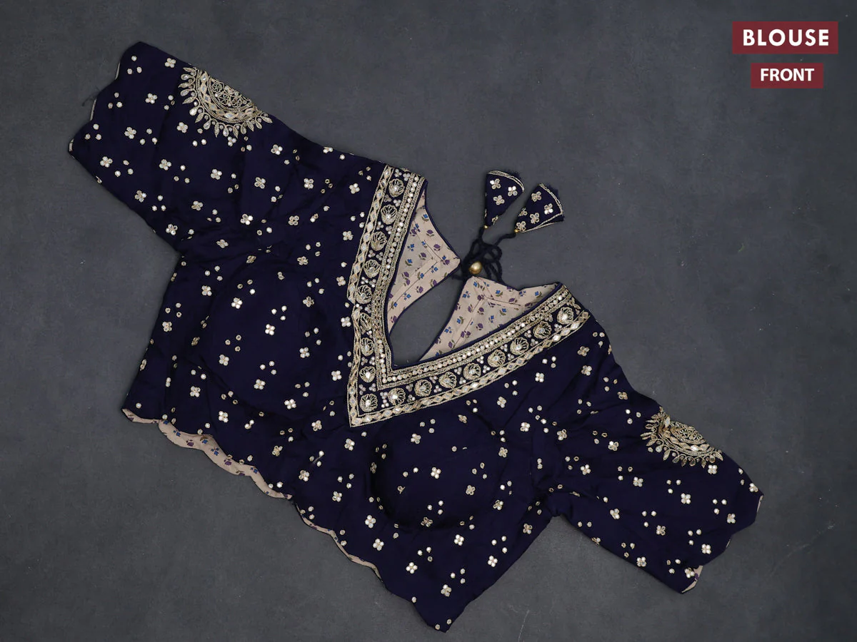 Satin crepe silk saree navy blue with plain body and zari butta border & rich zari pallu - Image 3