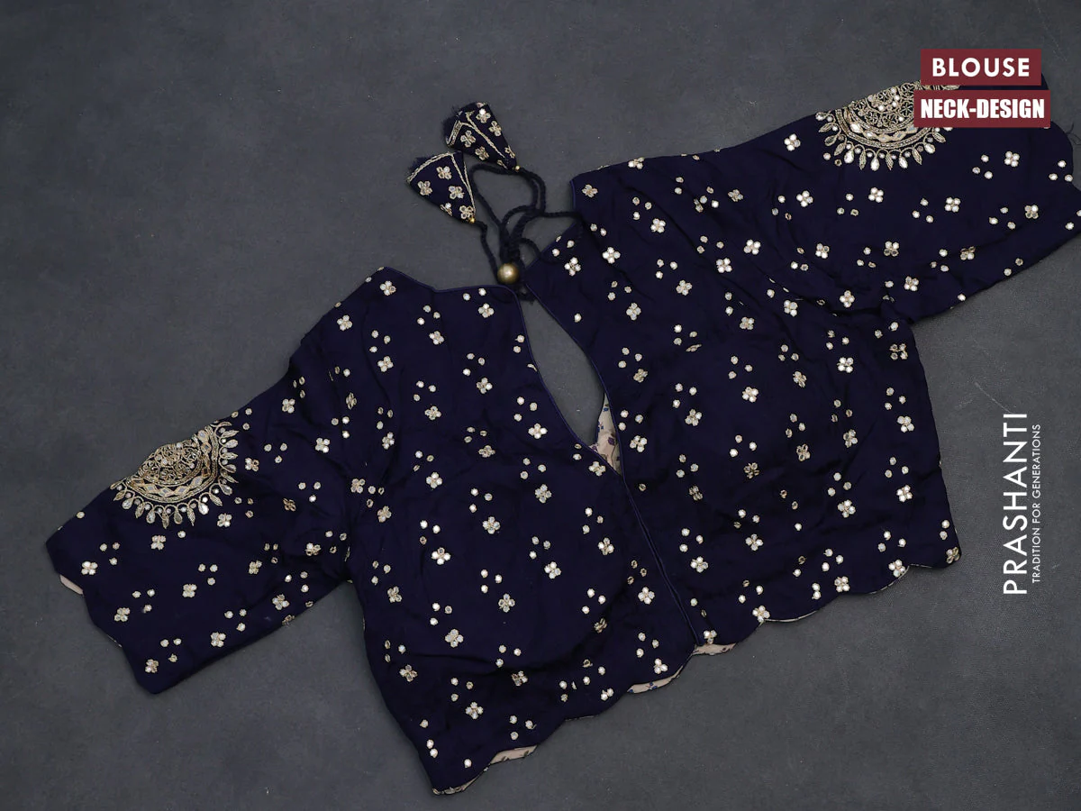 Satin crepe silk saree navy blue with plain body and zari butta border & rich zari pallu - Image 4