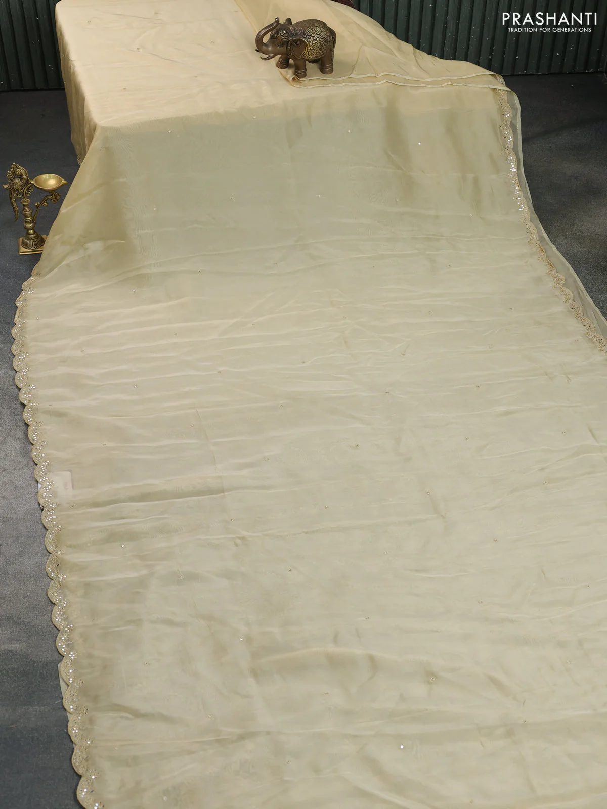 Satin crepe silk saree pale yellow and black with mirror work and ajrakh printed blouse - Image 2