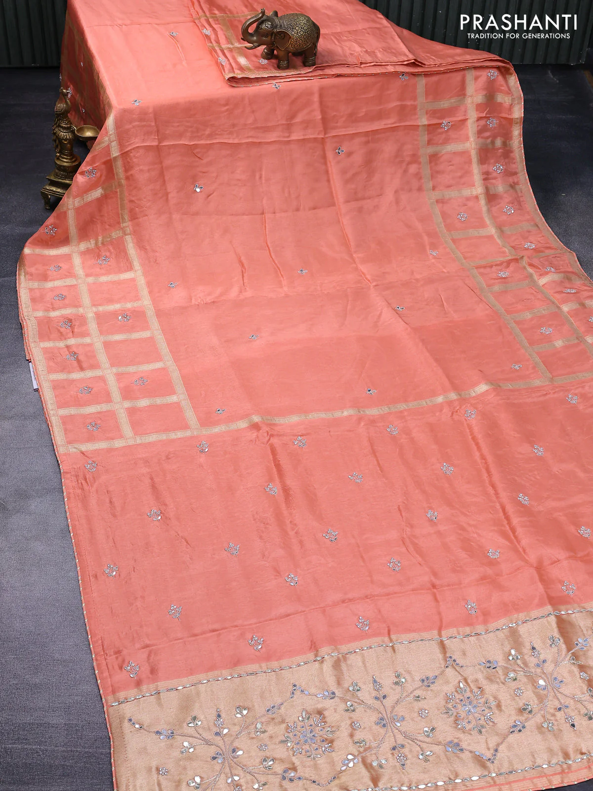 Satin crepe silk saree peach orange with mirror work buttas and zari checked & stone work border - Image 2