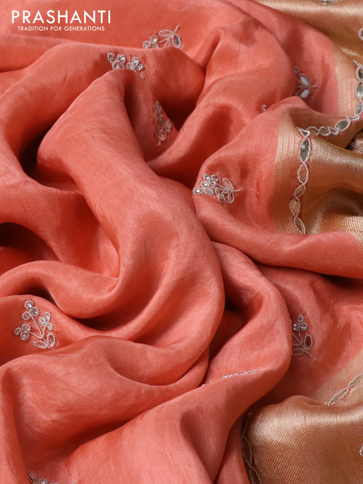 Satin crepe silk saree peach orange with mirror work buttas and zari checked & stone work border - Image 3