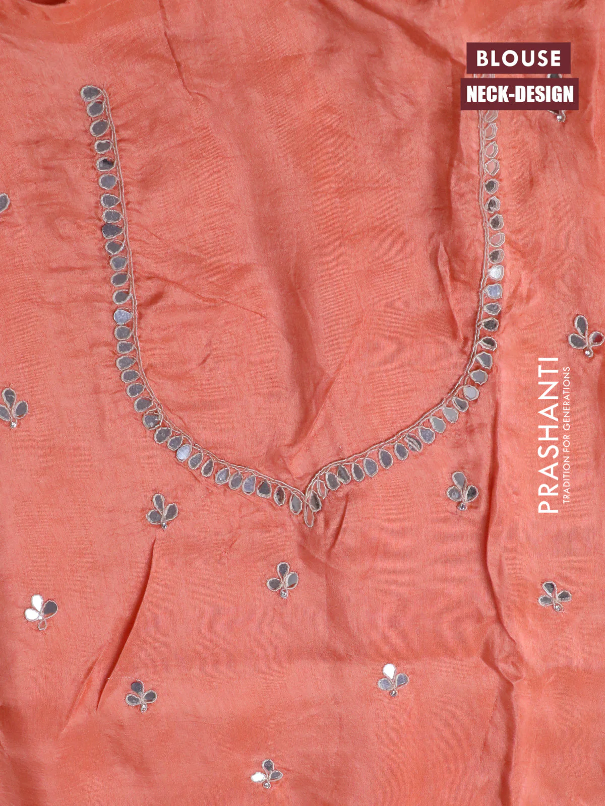 Satin crepe silk saree peach orange with mirror work buttas and zari checked & stone work border - Image 4