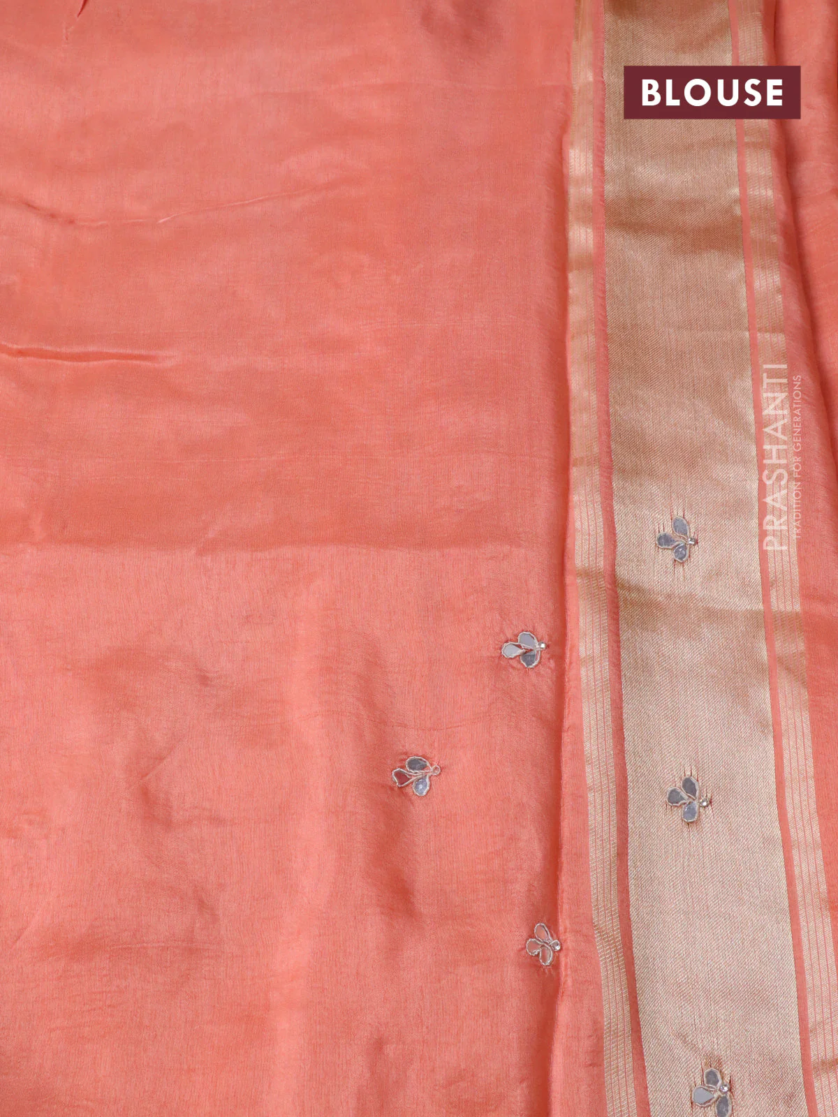 Satin crepe silk saree peach orange with mirror work buttas and zari checked & stone work border - Image 5