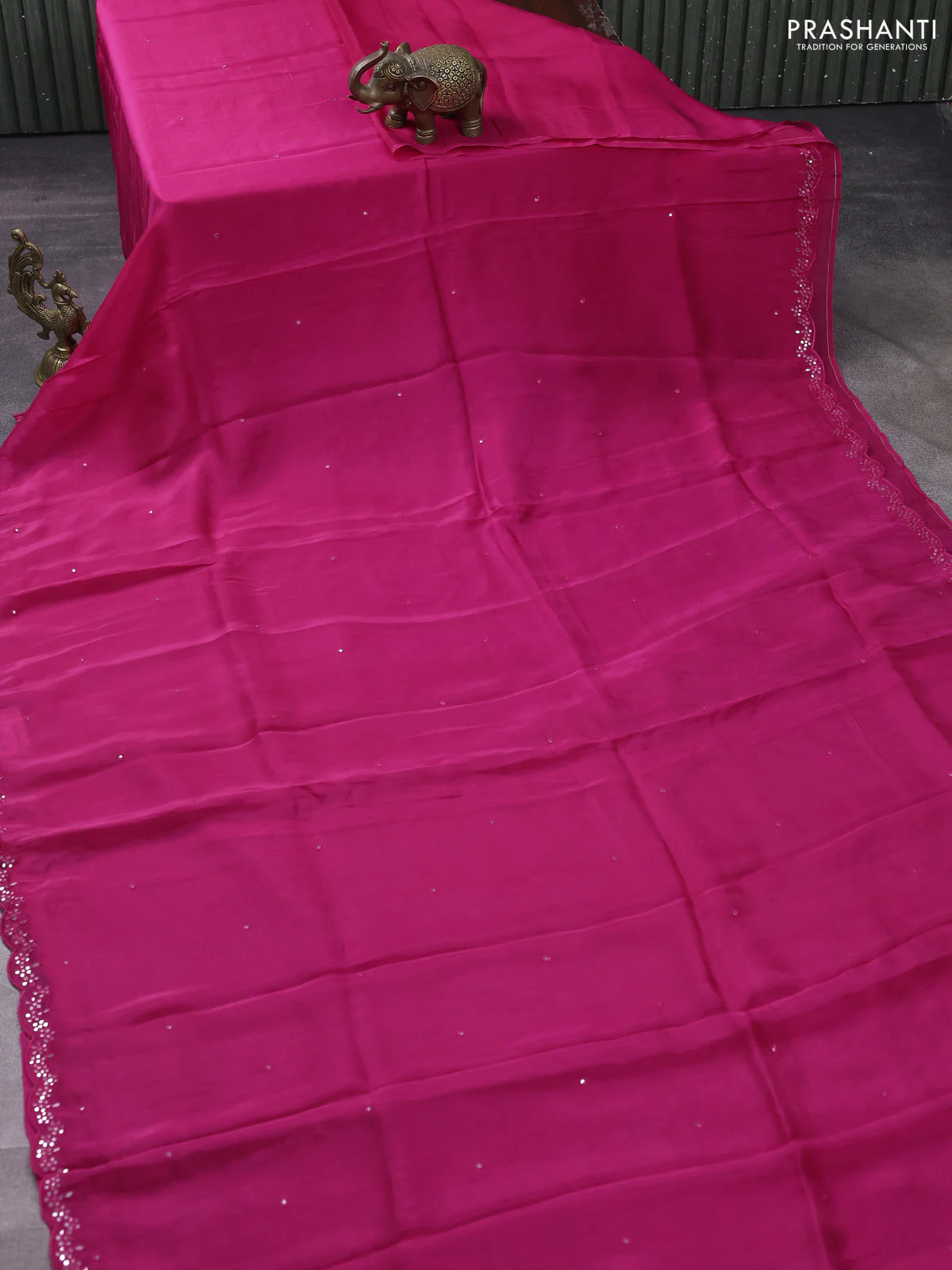 Satin crepe silk saree pink and blue with allover mirror work and ajrakh printed blouse - Image 2
