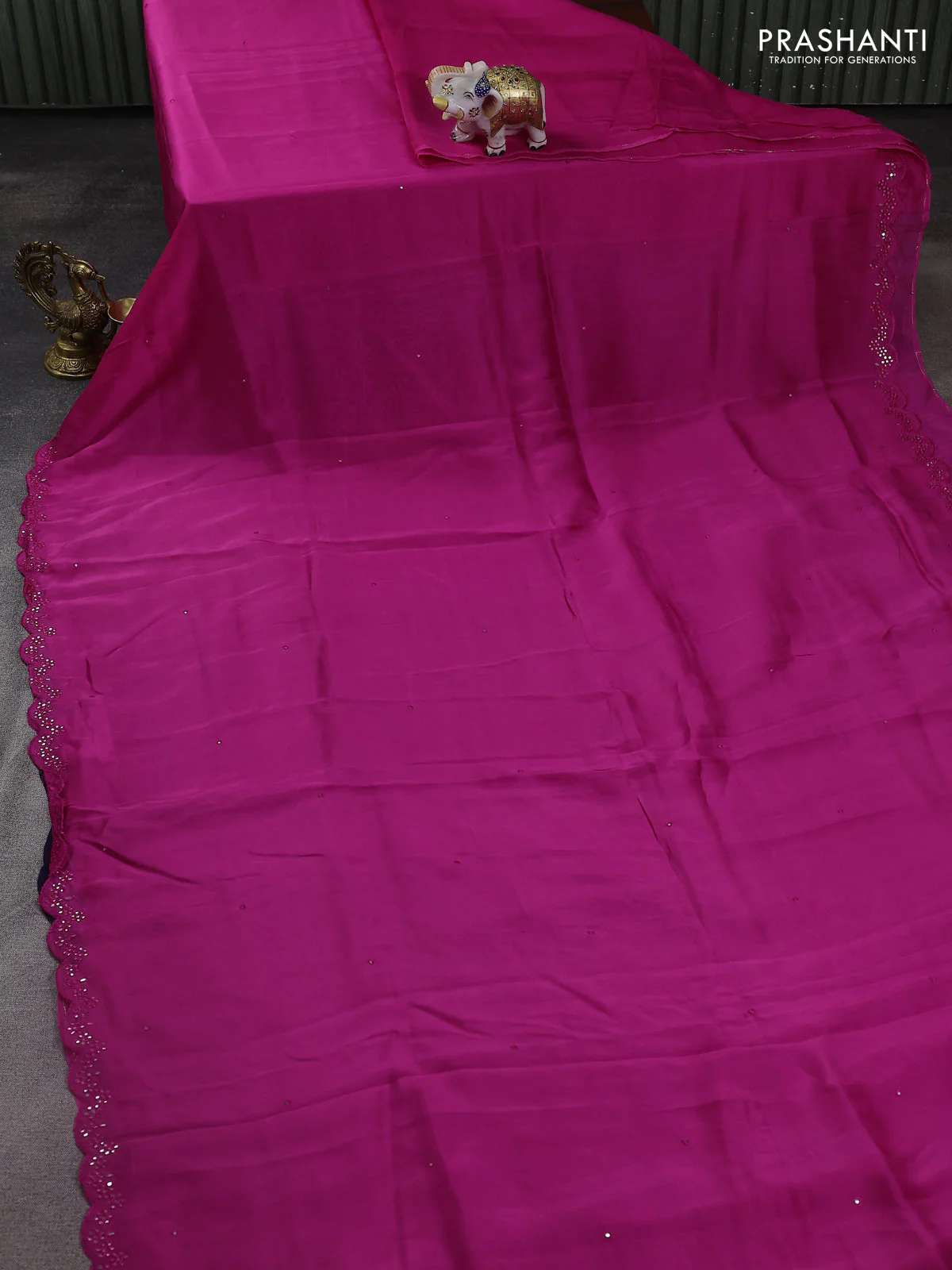 Satin crepe silk saree pink and blue with allover mirror work and ajrakh printed blouse - Image 2