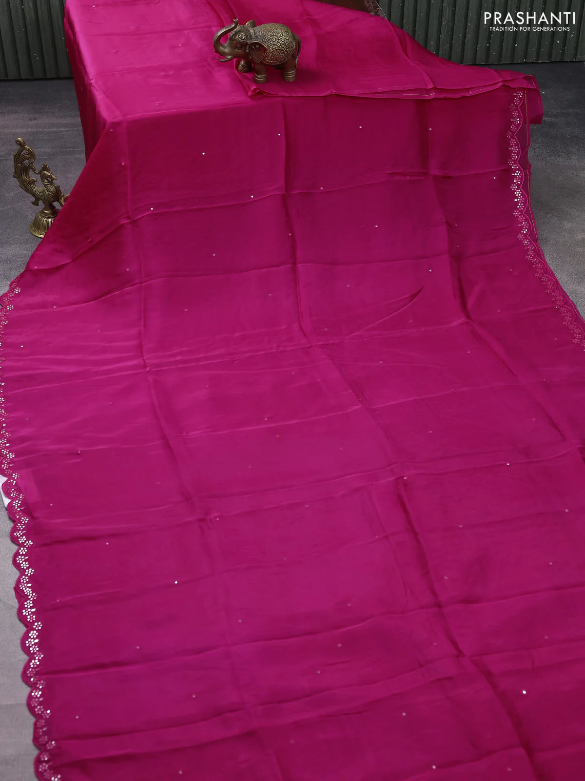 Satin crepe silk saree pink and blue with allover mirror work and ajrakh printed blouse - Image 2