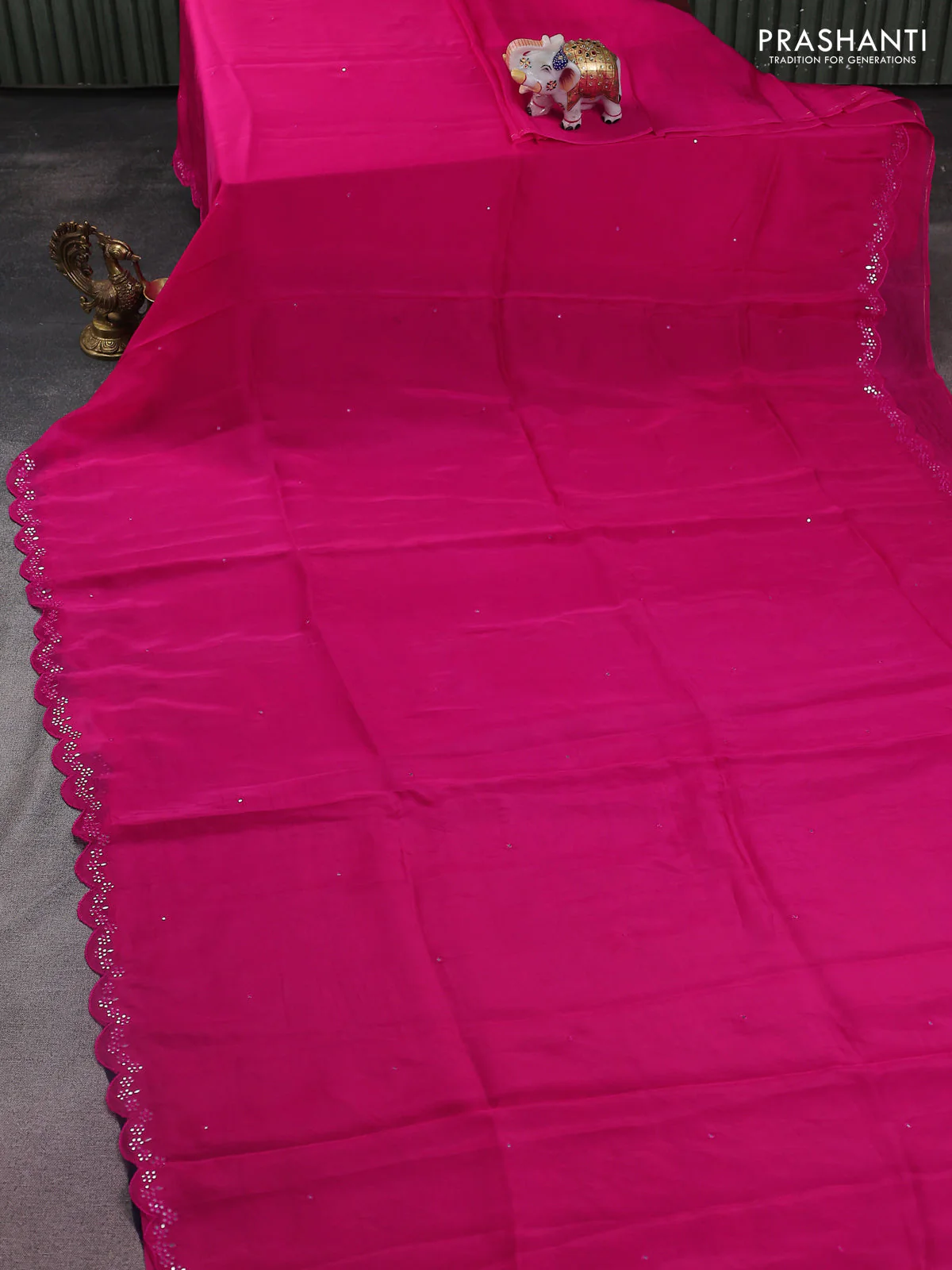 Satin crepe silk saree pink and blue with allover mirror work and ajrakh printed blouse - Image 2