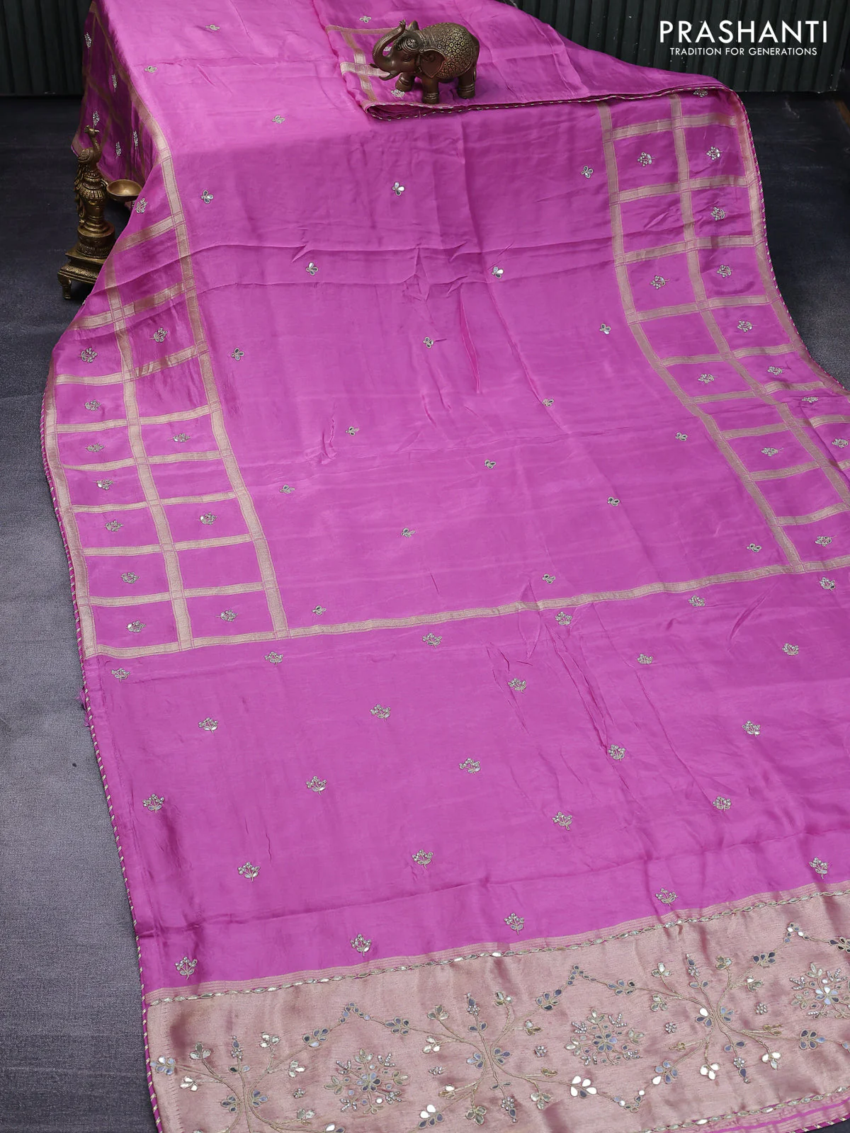 Satin crepe silk saree pink with mirror work buttas and zari checked & stone work border - Image 2