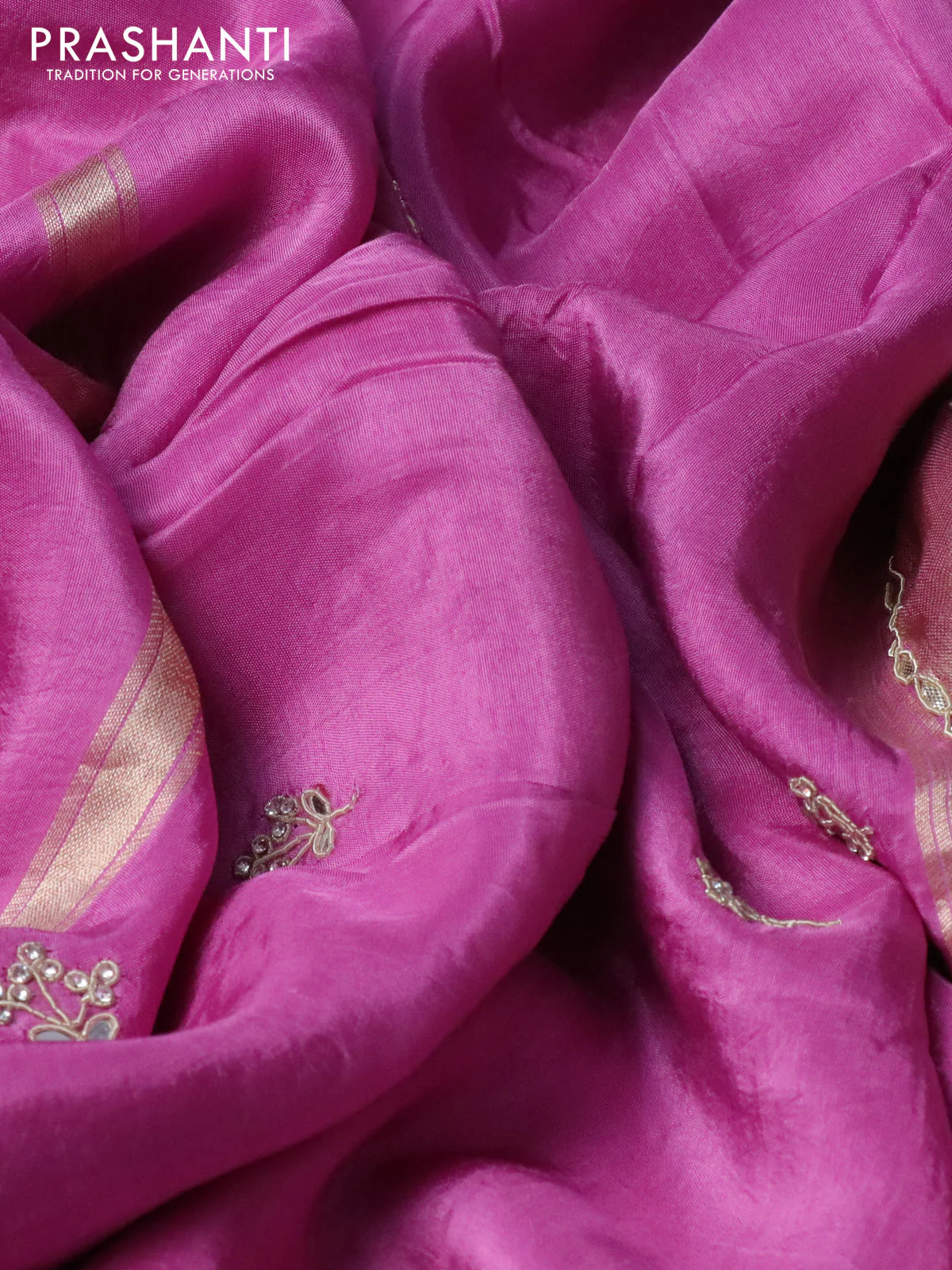 Satin crepe silk saree pink with mirror work buttas and zari checked & stone work border - Image 4