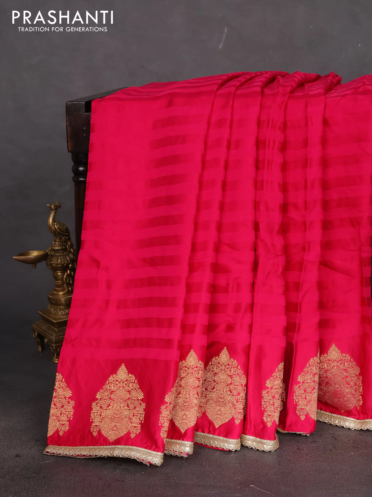 Satin crepe silk saree pink with plain body and zari butta border & rich zari pallu - Image 2