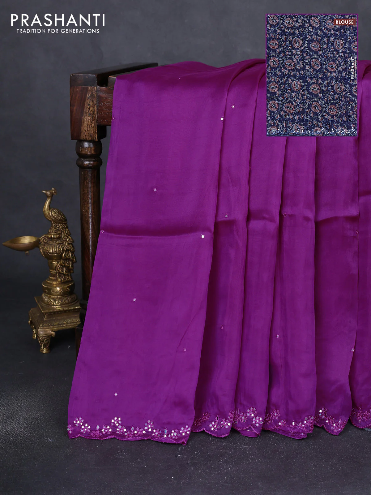 Satin crepe silk saree purple and blue with allover mirror work and ajrakh printed blouse