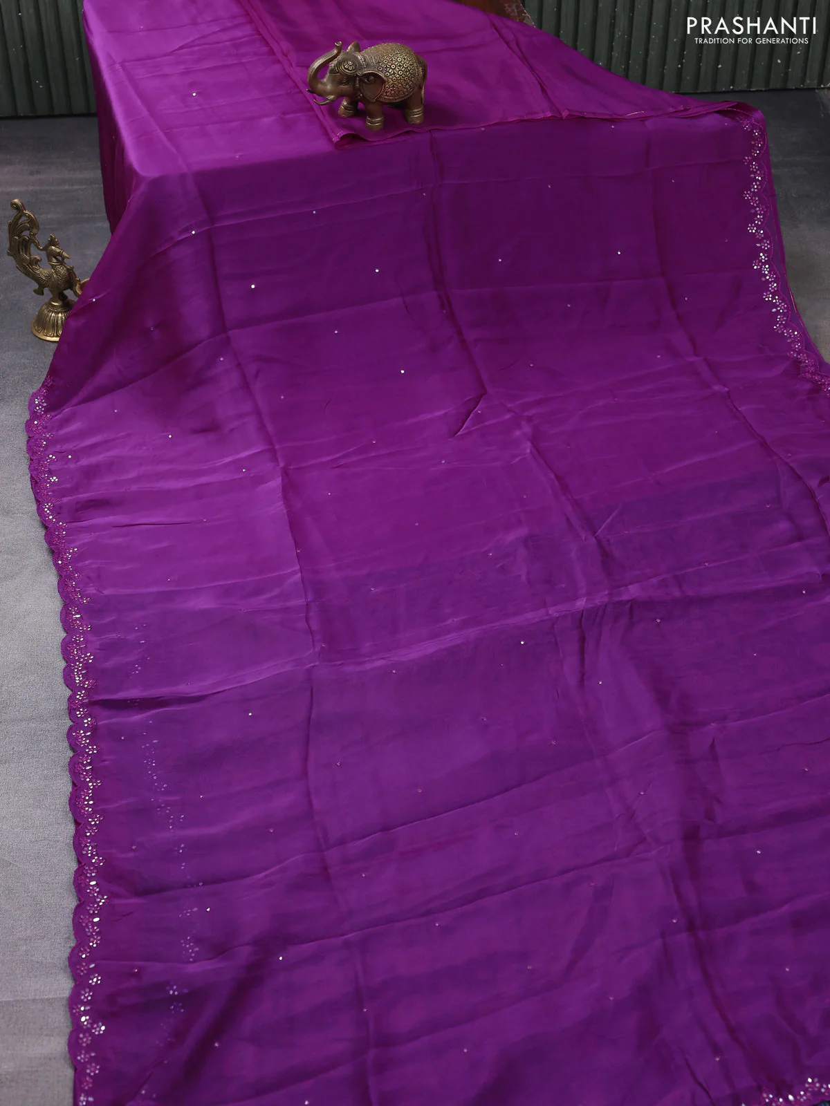 Satin crepe silk saree purple and blue with allover mirror work and ajrakh printed blouse - Image 2
