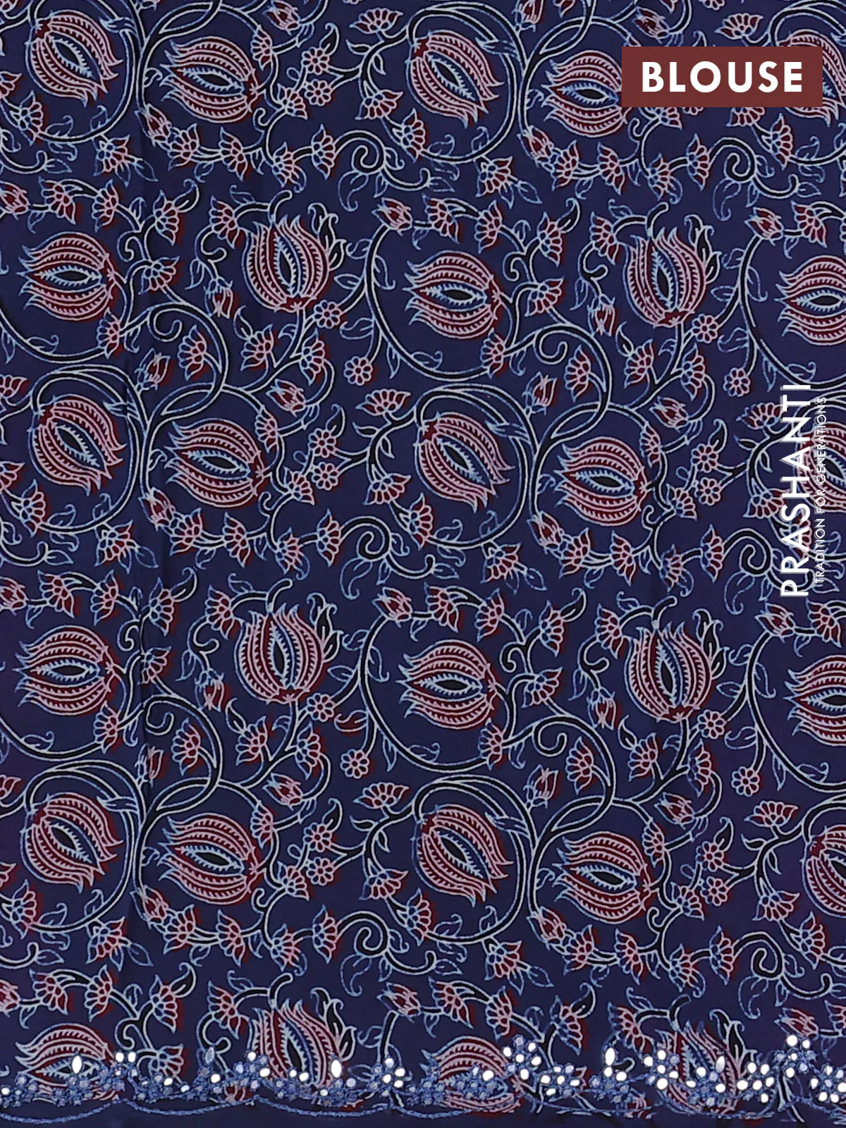 Satin crepe silk saree purple and blue with allover mirror work and ajrakh printed blouse - Image 3