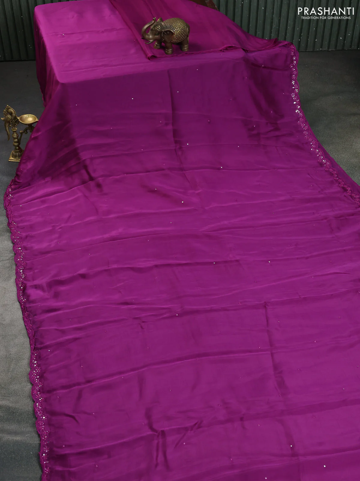 Satin crepe silk saree purple and blue with mirror work and ajrakh printed blouse - Image 2