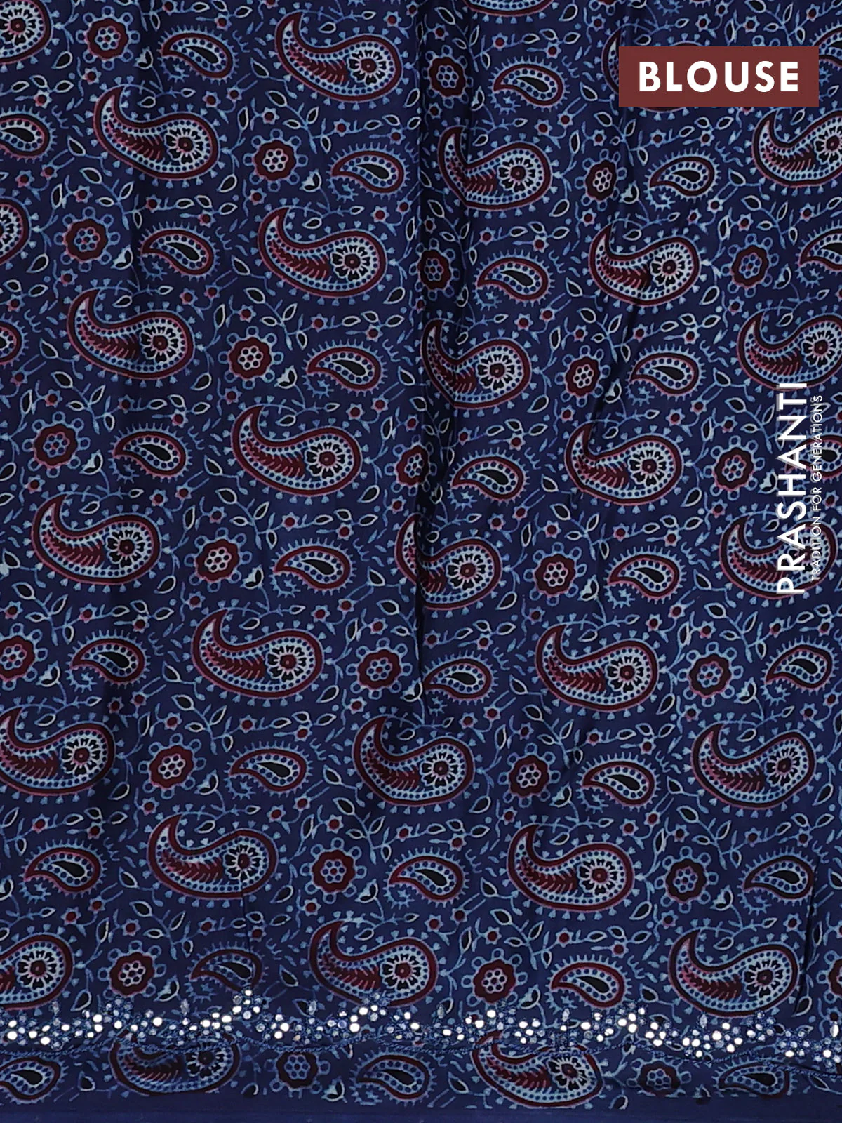 Satin crepe silk saree purple and blue with mirror work and ajrakh printed blouse - Image 3