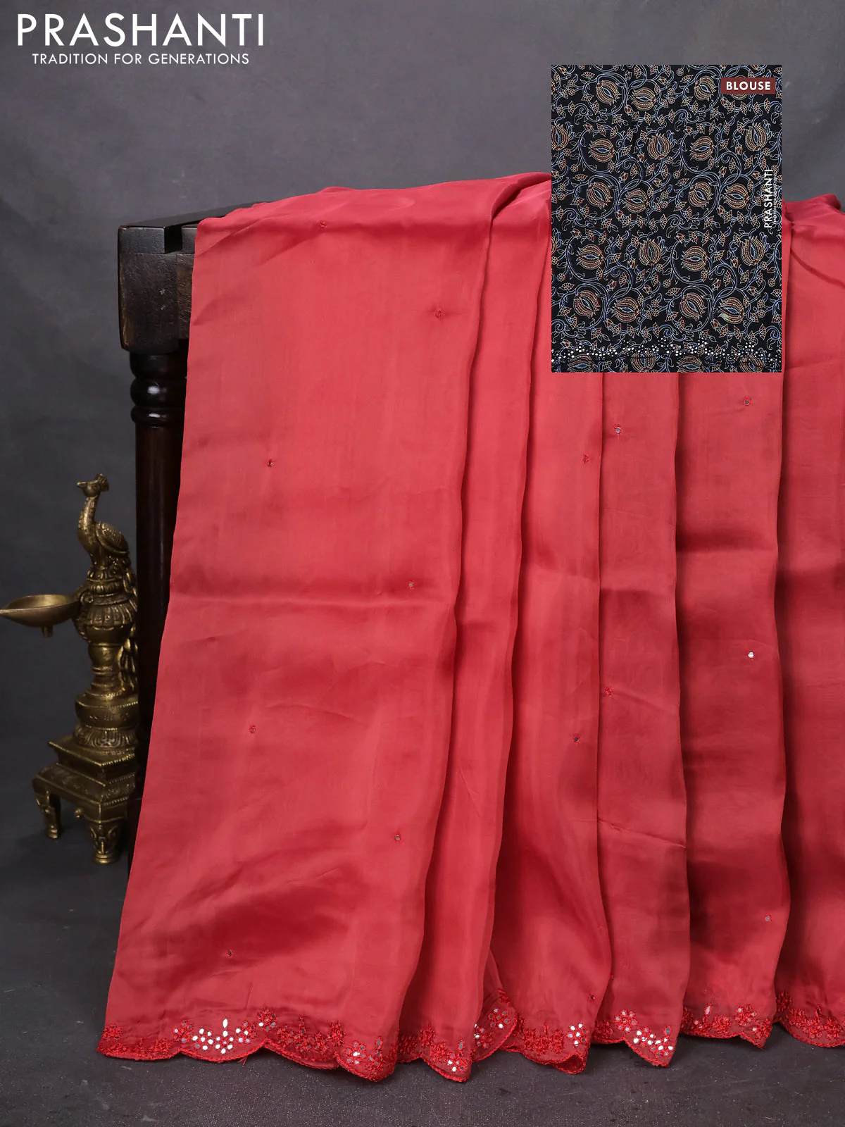 Satin crepe silk saree red shade and black with mirror work and ajrakh printed blouse