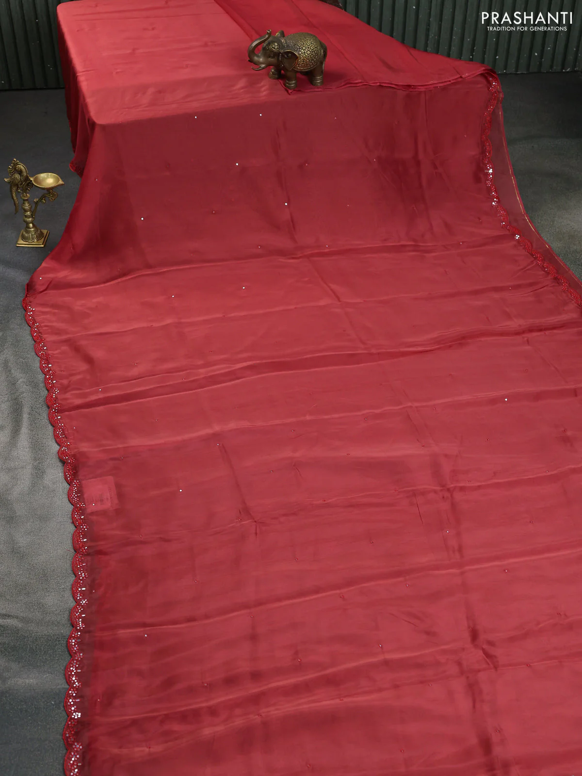 Satin crepe silk saree red shade and black with mirror work and ajrakh printed blouse - Image 2
