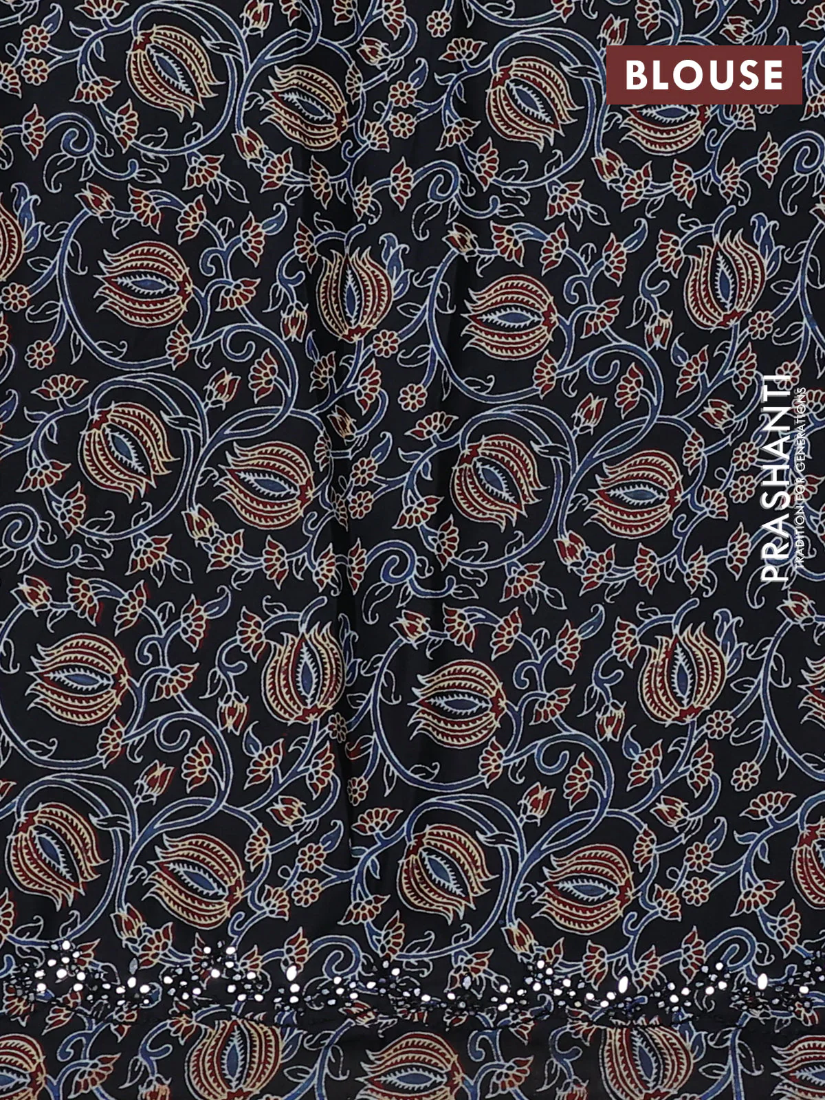 Satin crepe silk saree sandal and black with mirror work and ajrakh printed blouse - Image 3