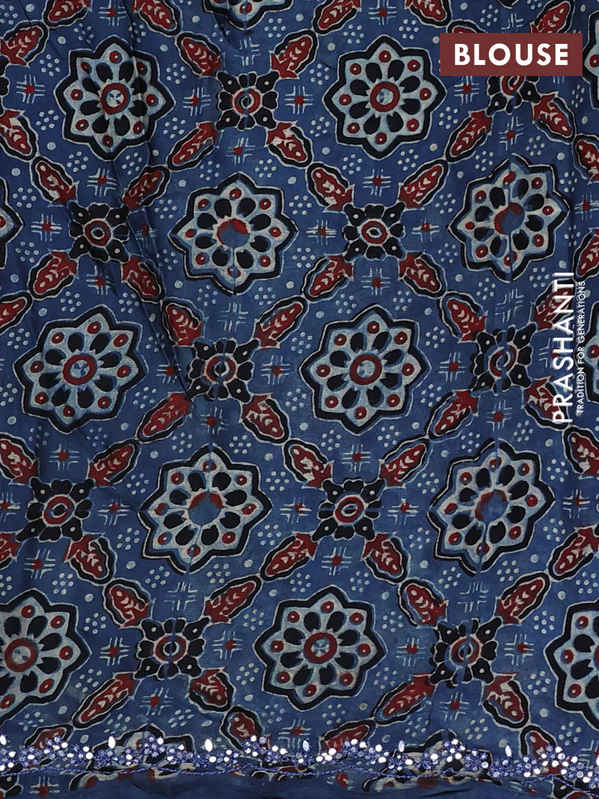 Satin crepe silk saree sandal and blue with mirror work and ajrakh printed blouse - Image 3