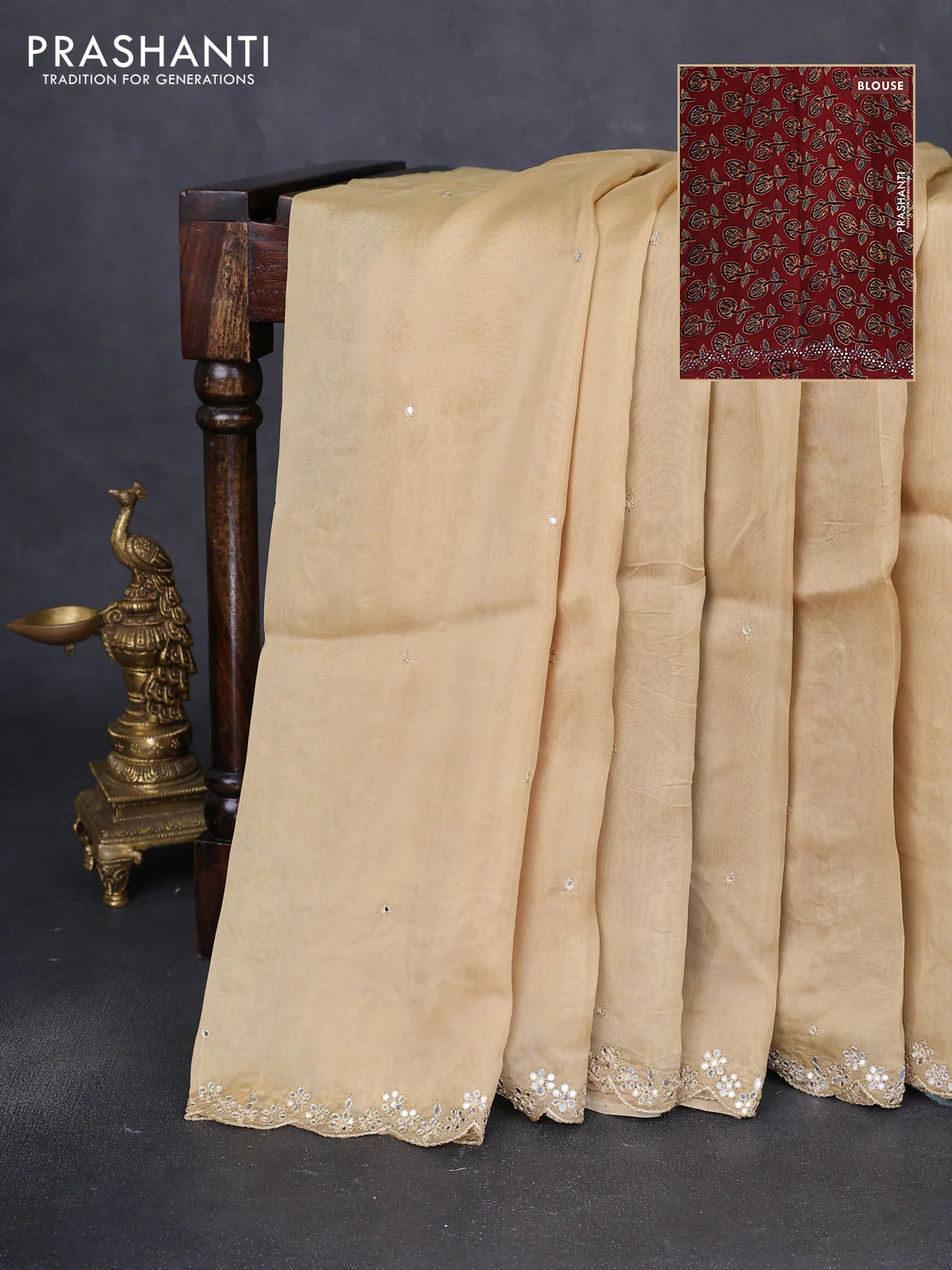 Satin crepe silk saree sandal and maroon with allover mirror work and ajrakh printed blouse