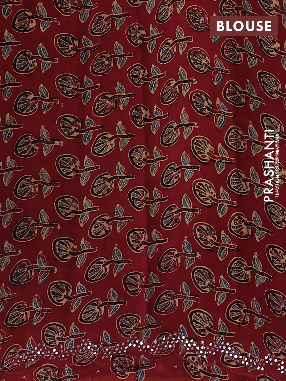 Satin crepe silk saree sandal and maroon with allover mirror work and ajrakh printed blouse - Image 3