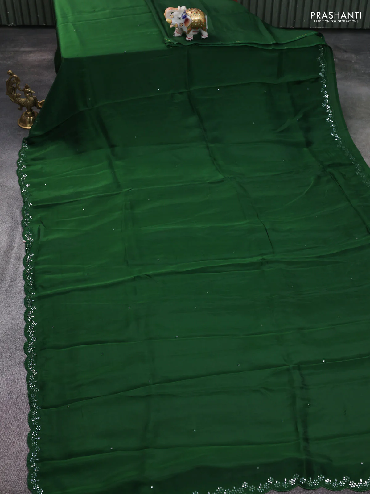 Satin crepe silk saree sap green and blue with mirror work and ajrakh printed blouse - Image 2