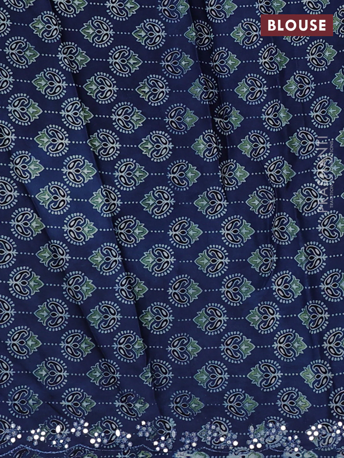 Satin crepe silk saree sap green and blue with mirror work and ajrakh printed blouse - Image 3