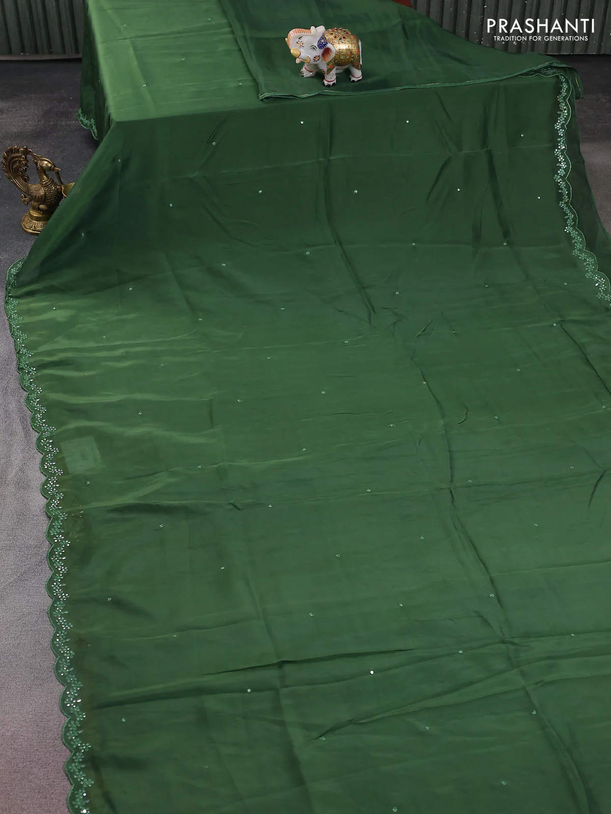 Satin crepe silk saree sap green and mustard yellow with allover mirror work and ajrakh printed blouse - Image 2