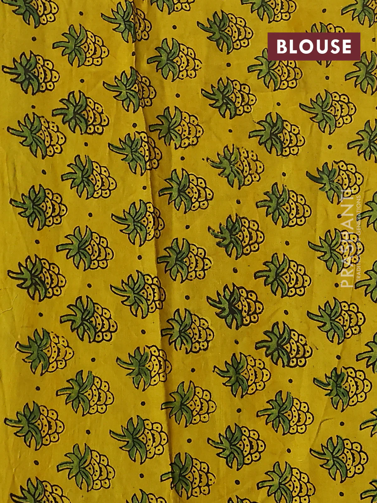 Satin crepe silk saree sap green and mustard yellow with allover mirror work and ajrakh printed blouse - Image 3