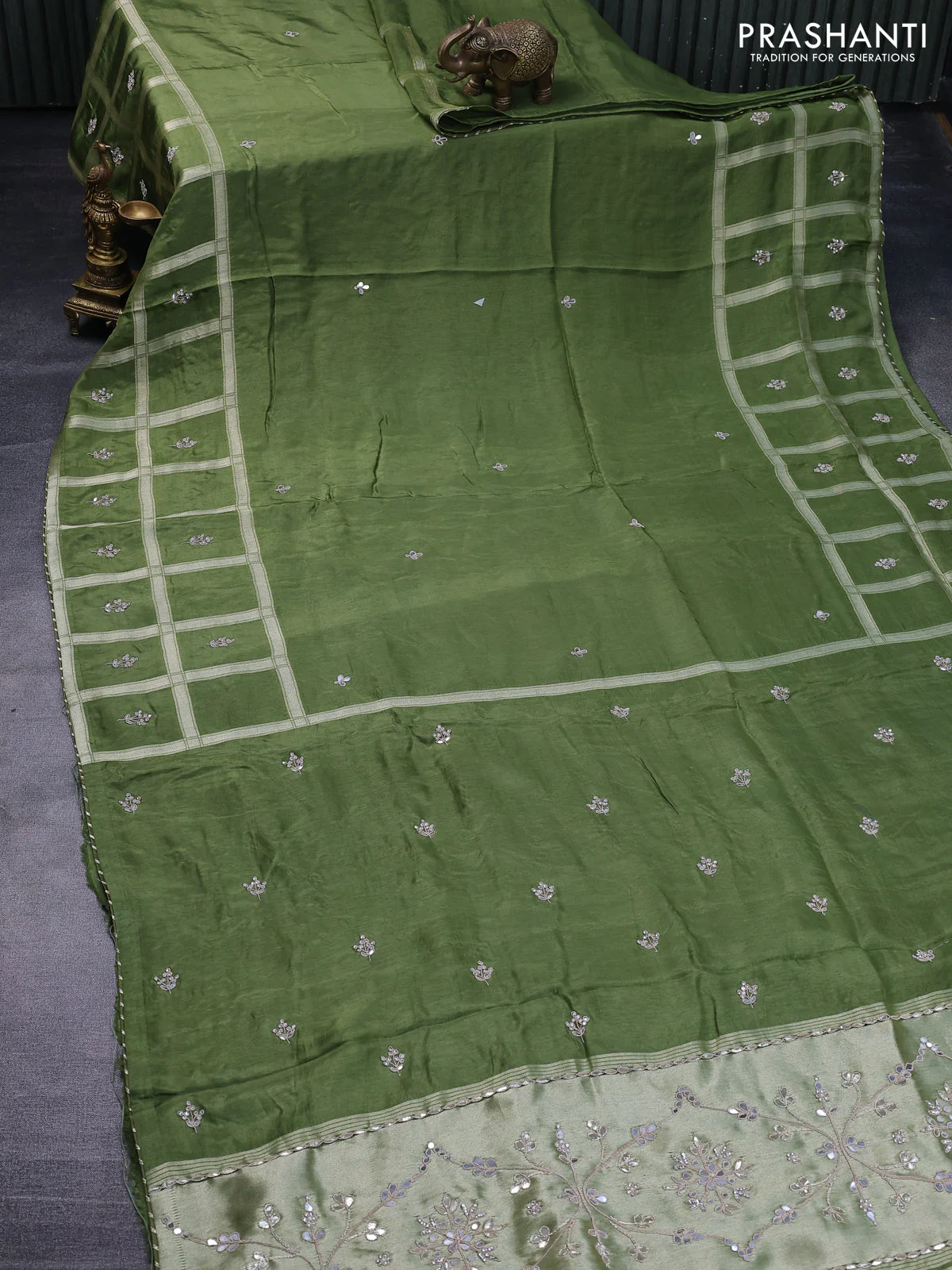 Satin crepe silk saree sap green with mirror work buttas and zari checked & stone work border - Image 2
