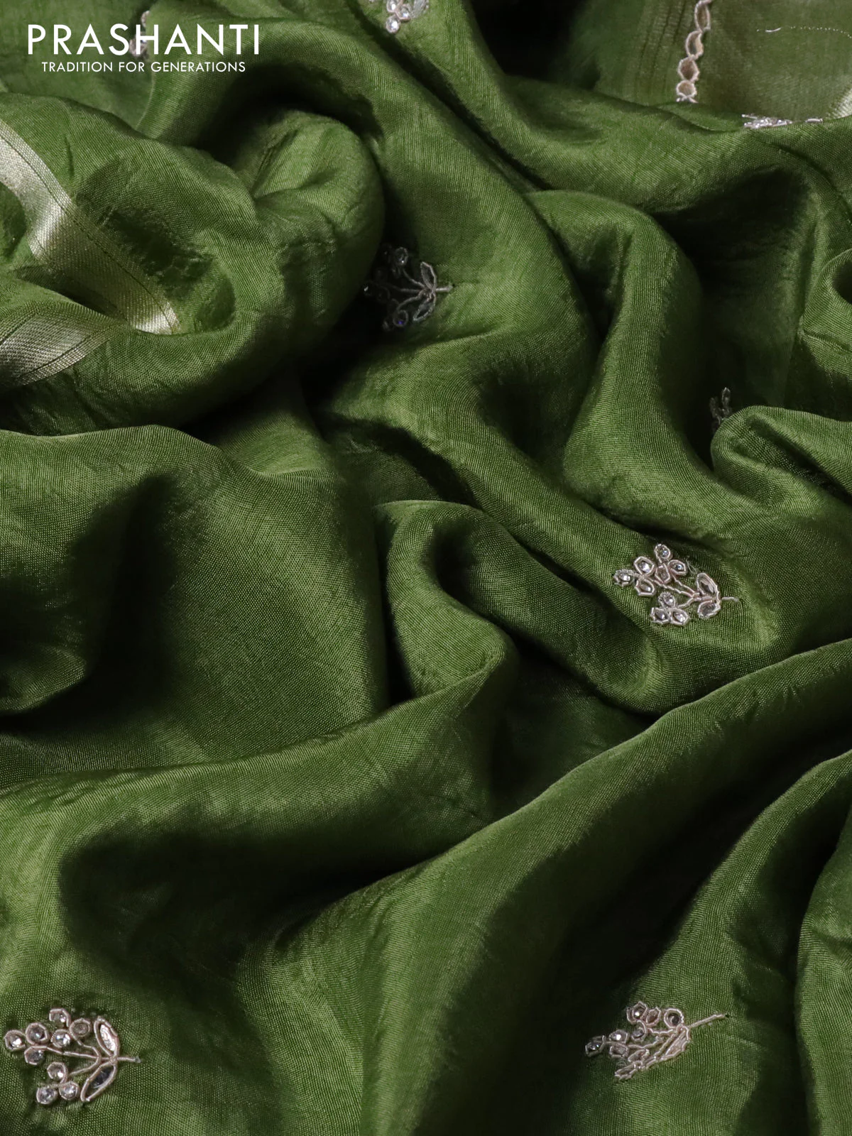 Satin crepe silk saree sap green with mirror work buttas and zari checked & stone work border - Image 3