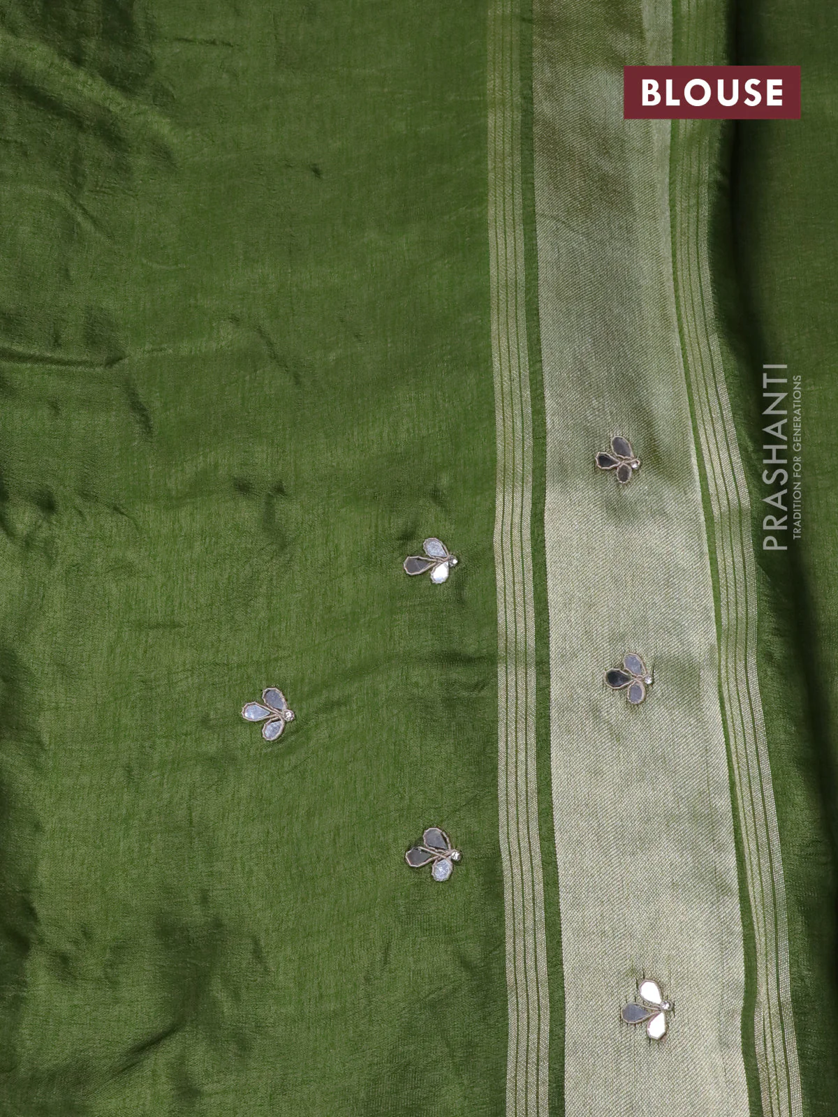 Satin crepe silk saree sap green with mirror work buttas and zari checked & stone work border - Image 5