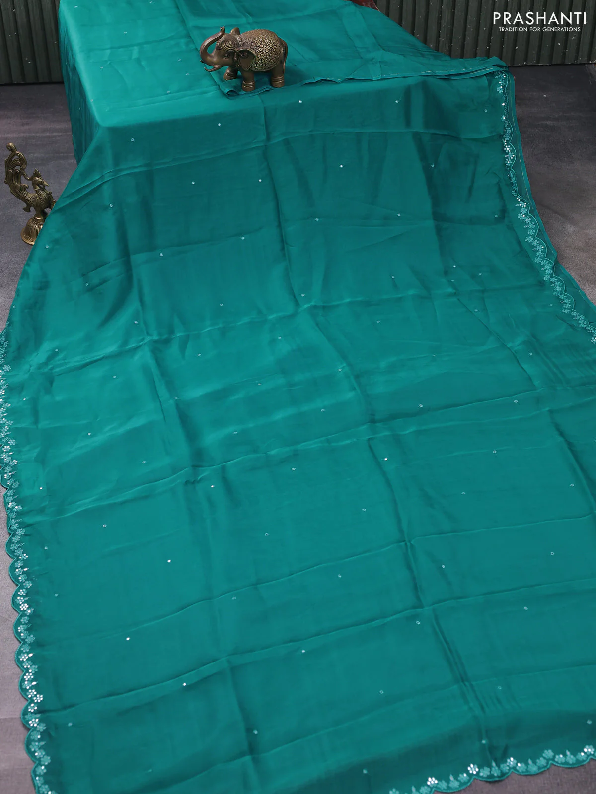 Satin crepe silk saree teal blue and black with allover mirror work and ajrakh printed blouse - Image 2