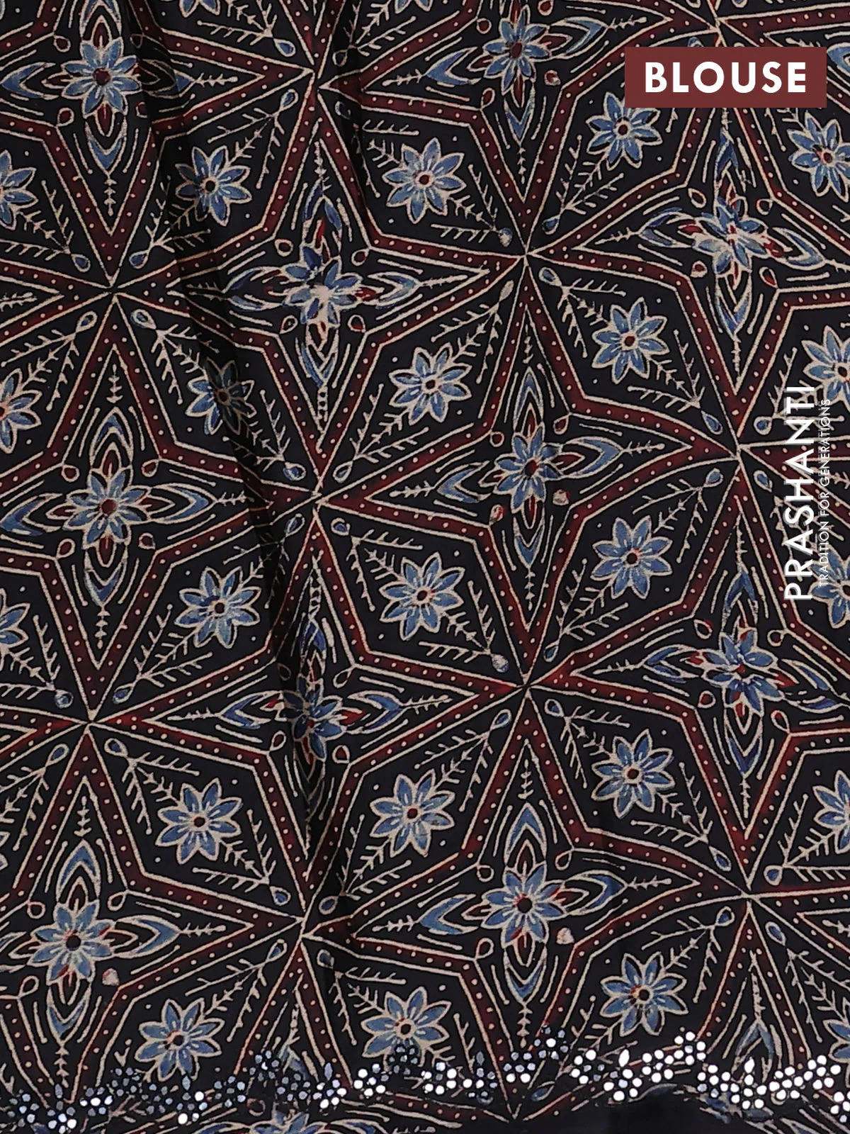 Satin crepe silk saree teal blue and black with allover mirror work and ajrakh printed blouse - Image 3