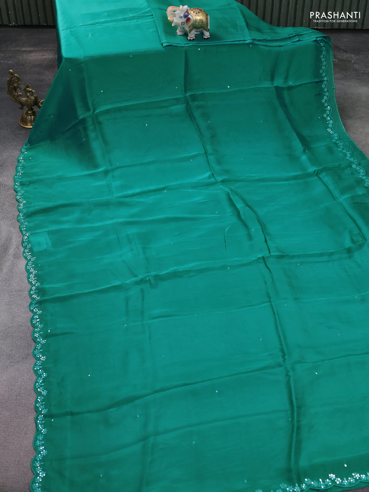 Satin crepe silk saree teal blue and navy blue with mirror work and ajrakh printed blouse - Image 2